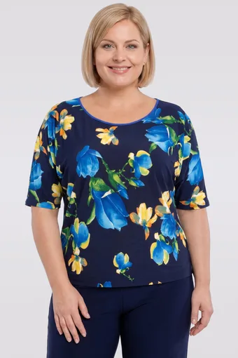 Tmavě modrá halenka se žlutými a modrými květy