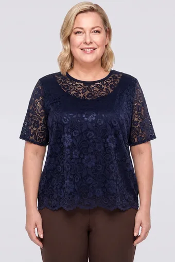 Tmavě modrá květinově hnědá krajková halenka
