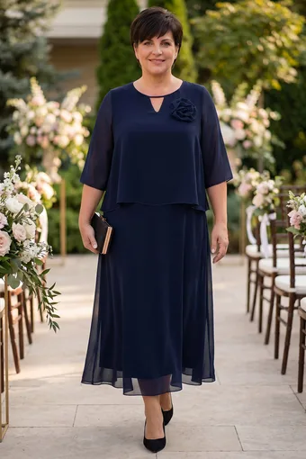 Elegantní tmavě modré šaty s ozdobou