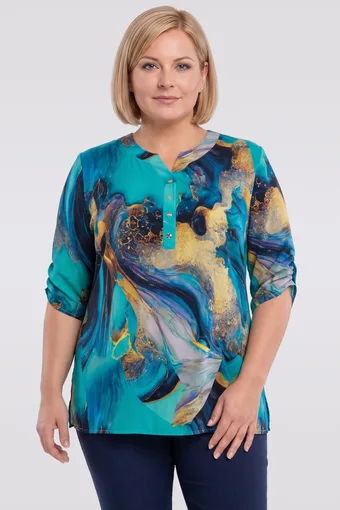 Tyrkysová halenka se žlutými a tmavě modrými vzory