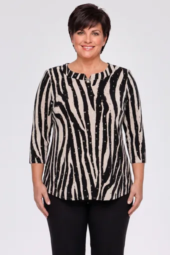 Béžová halenka s černými vzory a broží